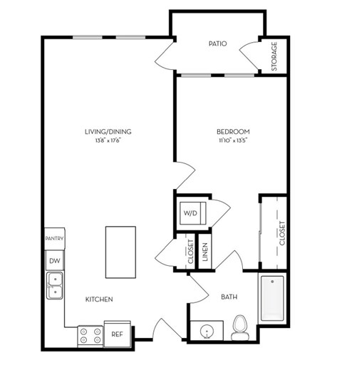 Floor plan for 1 bed, 1 bath, 770 sqft
